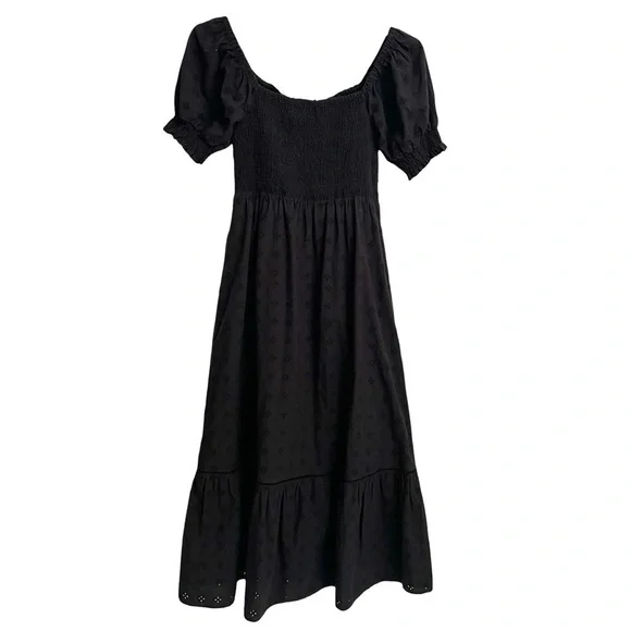 Lost + Wander's La Luna Smocked Bodice Black Cotton Eyelet Maxi Dress Medium - Picture 7 of 7